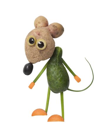 Mouse made with cucumber and potato on white backgroundの写真素材