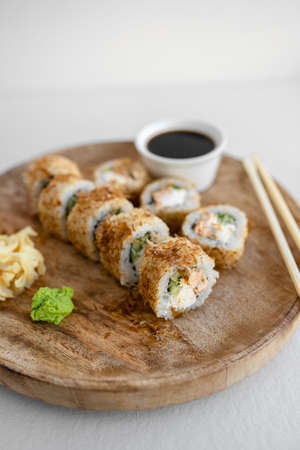 Japanese food sushi roll with raw fish and riceの写真素材