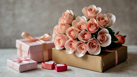 Cute pink background with gerberas and fresh carnations decorated. Sweet and romantic women's day decoration ideas. Empty space for product presentation, front viewの写真素材