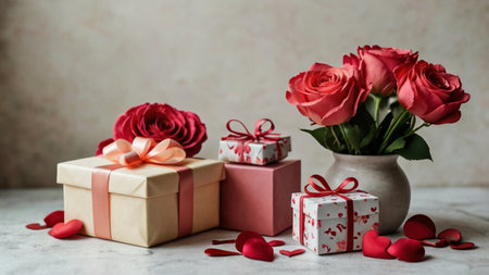 Cute pink background with gerberas and fresh carnations decorated. Sweet and romantic women's day decoration ideas. Empty space for product presentation, front viewの写真素材