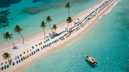 Aerial view of tropical beach with palm trees, sand, sunbeds, umbrellas, turquoise sea and blue skyの写真素材