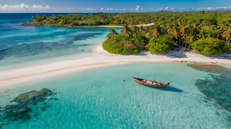 Aerial view of a wooden boat on a tropical beach in the Maldives