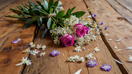 Bouquet of red dried flowers on a wooden background. wild flowers scattered, the holiday is complete anti-Valentine's dayの写真素材