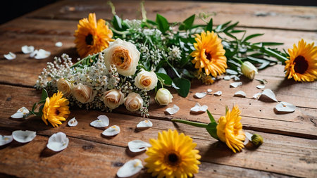 Bouquet of red dried flowers on a wooden background. wild flowers scattered, the holiday is complete anti-Valentine's dayの写真素材