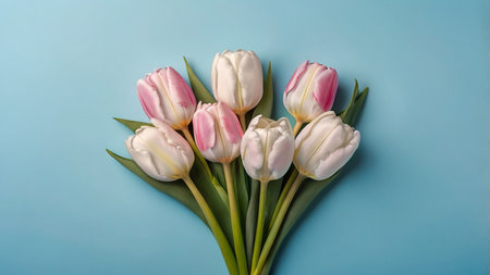 Bouquet of fresh tulips on blue monochrome background. A romantic scene perfect for heartfelt congratulations or advertisingの写真素材