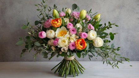 Bridal bouquet of different flowers in a vase.