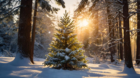 Beautiful winter landscape with snowy fir trees in the forest at sunsetの写真素材