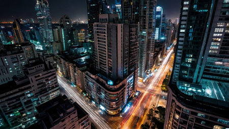 Megapolis at night. View from above. Skyscrapers in bright lights.の写真素材