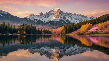 Mountain and its reflection in the lake, forest, landscape, photo wallpaper.の写真素材