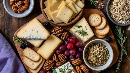 Charcuterie board with a variety of cheeses, salami, chorizzo, prosciutto, honey, grapes, nuts, olives, bread, blueberries and fresh herbs on a dark wooden background. A festive snackの写真素材
