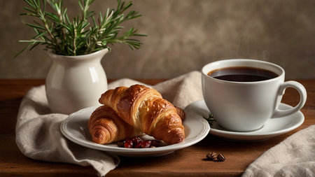 Healthy breakfast on table with coffee and croissants. Good morning concept.の写真素材