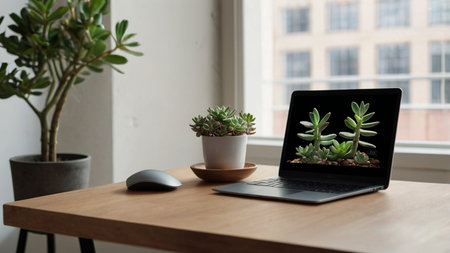 A laptop and a flower pot on the table. Minimalist design.