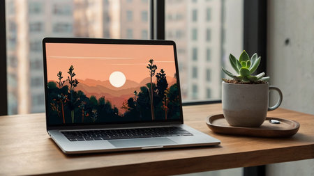 A laptop and a flower pot on the table. Minimalist design.の写真素材