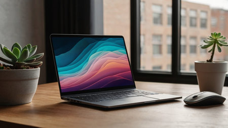 A laptop and a flower pot on the table. Minimalist design.