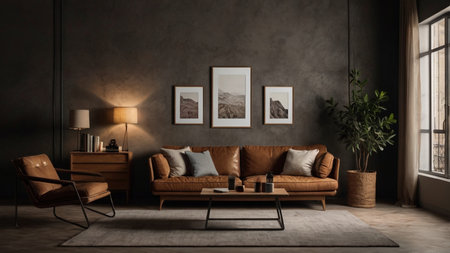 Interior of modern living room with brown leather sofa 3D rendering