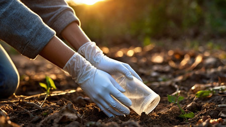 Woman hand in white gloves picking up soil for planting treeの写真素材