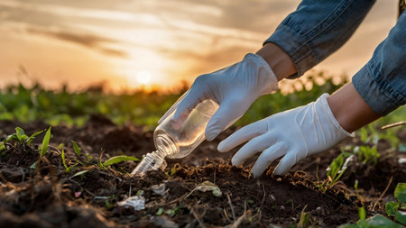 Close-up of hands of agronomist in white gloves holding bottle with soil sample in fieldの写真素材