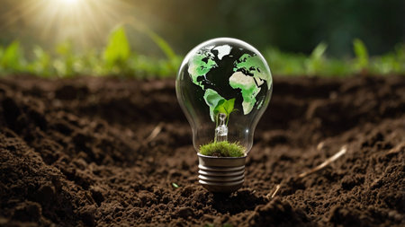 The world map with network connection is on a light bulb that located on the soil and plants grow on stacked coins. Concept of Green business, Sustainable development goals, Renewable energy.の写真素材