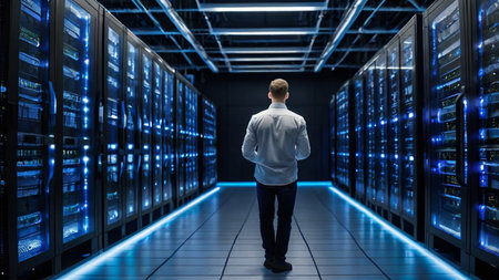 Image of network of connections and blue squares over male engineer walking in server room. Global networking and business storage technology conceptの写真素材