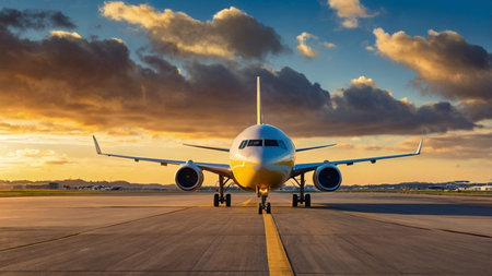 airport runway in the evening sunset light, ready for airplane landing or taking off