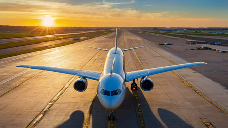 airport runway in the evening sunset light, ready for airplane landing or taking offの写真素材