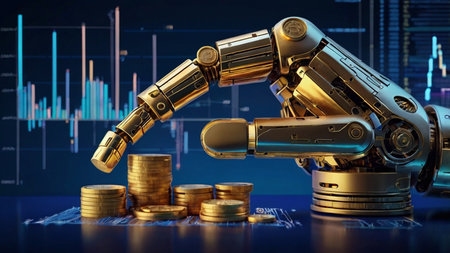 3d rendering robot hand with coin stack and graph on blue backgroundの写真素材