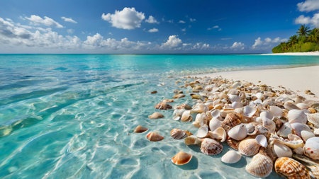 Seashells on a tropical beach at Seychellesの写真素材