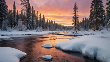 Beautiful winter landscape with frozen river and colorful sky at sunset.の写真素材