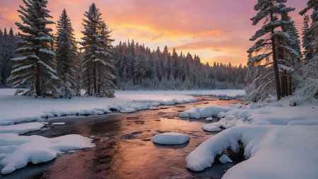 Beautiful winter landscape with snow-covered river and pine trees at sunsetの写真素材
