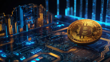 Golden bitcoin lies on the motherboard of the computer. Cryptocurrency conceptの写真素材