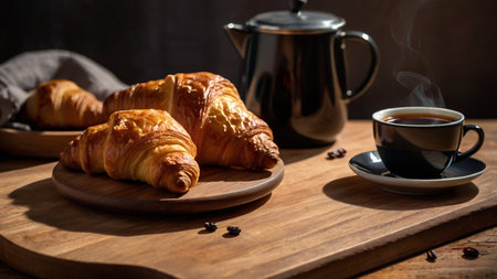 Croissant with butter on the table with breakfast. French croissant advertising. Croissant with butter and jam to coffee with milk. Baking for breakfast.の写真素材
