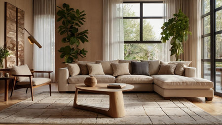 A luxurious and elegant living room with a vintage quilted upholstered armchair next to an ornate fireplace with intricate carvings. A warm, glowing fire burns in the fireplace. Large floor-to-ceiling windows let in natural sunlight, illuminating the space.の写真素材