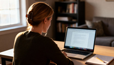 back view of businesswoman working with laptop and notebook at home officeの素材