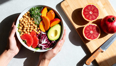 Healthy lunch bowl with chickpeas, avocado and grapefruitの素材