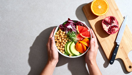 Female hands holding bowl of salad with chickpeas, avocado, grapefruit and pomegranate on gray backgroundの素材