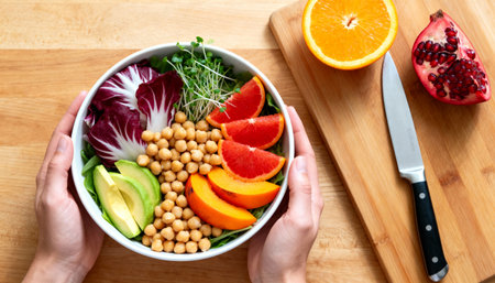Healthy salad bowl with chickpeas, avocado, grapefruit, pomegranate and microgreens in female handsの素材
