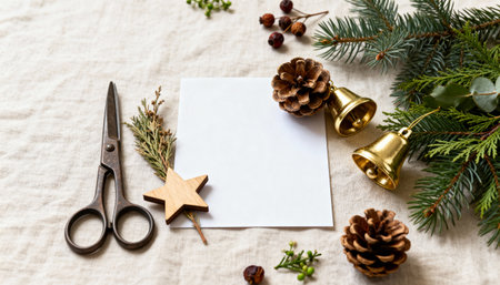 Christmas greeting card mockup with fir branches, pine cones, golden bell and scissors on white backgroundの素材