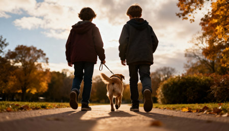 Back view of two children walking with their dog in autumn park.の素材