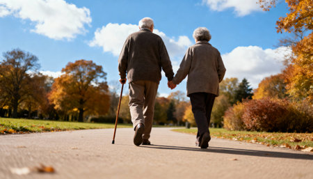 Senior couple walking in the park. Elderly people walking in autumn park.の素材