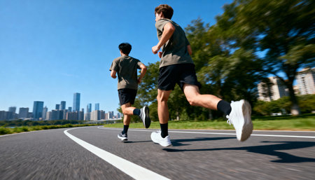 Two young men running in the city. Healthy lifestyle and sports concept.の素材