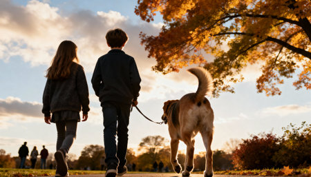Back view of boy and girl walking with their dog in autumn parkの素材