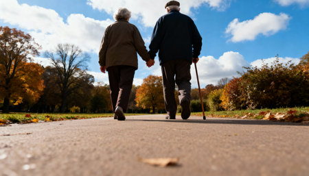 Senior couple walking in the park in autumn. Elderly people.の素材