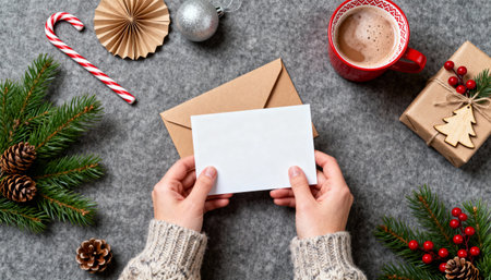 Christmas greeting card mockup. Female hands holding envelope with blank paper sheet. Top view.の素材