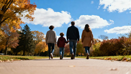 Happy family walking in autumn park, back view. Mother, father, son and daughter spending time together.の素材