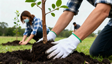 Young man and woman planting tree in the garden. Earth day concept.の素材