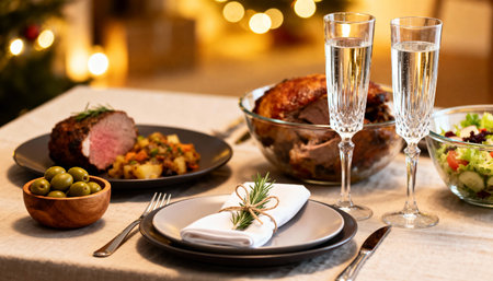 Christmas dinner with roast turkey and two glasses of champagne on the tableの素材