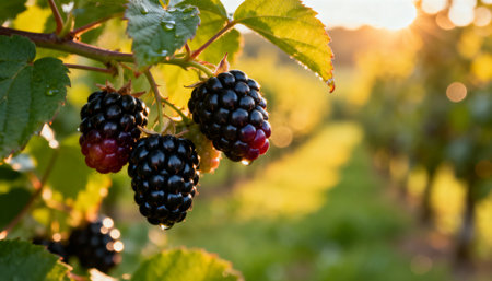 Natural food - fresh ripe blackberries in a garden. Bunch of ripe blackberry fruit - Rubus fruticosus - on branch with green leaves on a farm. Close-up, blurred background. Chakwal, Punjab, Pakistanの素材
