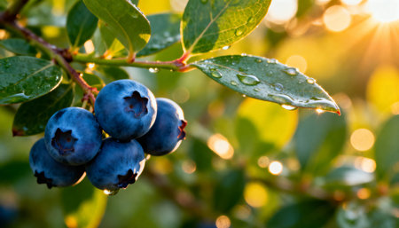 A cluster of ripe blueberries hangs from the branches amidst lush green leaves, illuminated by dappled sunlight. Vibrant colors and detailed textures. Close-up shot.の素材