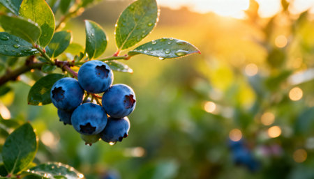 A cluster of ripe blueberries hangs from the branches amidst lush green leaves, illuminated by dappled sunlight. Vibrant colors and detailed textures. Close-up shot.の素材
