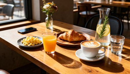 A delightful latte with heart-shaped foam served alongside a freshly baked croissant on a rustic wooden board. Perfect for showcasing cozy cafe moments and gourmet breakfast experiences.の素材